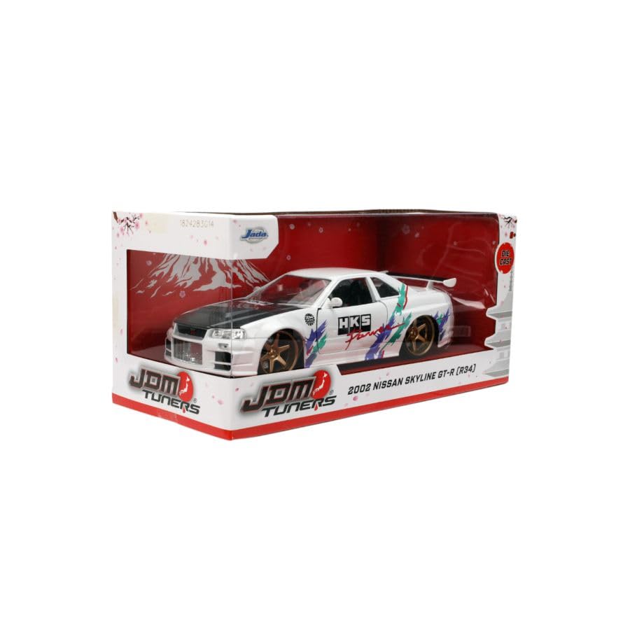Jada Toys JDM Tuners 1:24 Die-Cast 2002 Nissan Skyline GT-R (R34), Opening Doors, Detailed Interior, Rubber Tires, Collectible for Ages 8+(Glossy White)