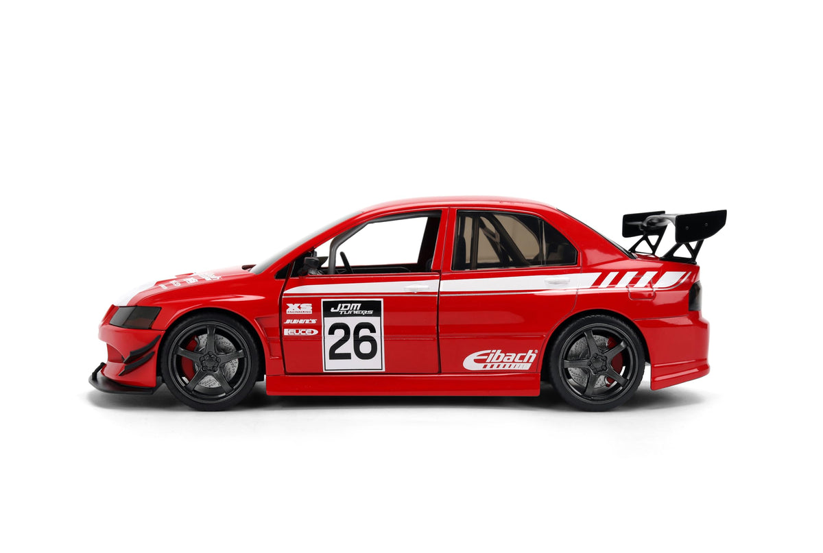 Jada Toys JDM Tuners 1:24 Scale Die-Cast Mitsubishi Lancer Evolution IX – Opening Doors, Detailed Interior, Rubber Tires, Collectible for Ages 8+(Red)