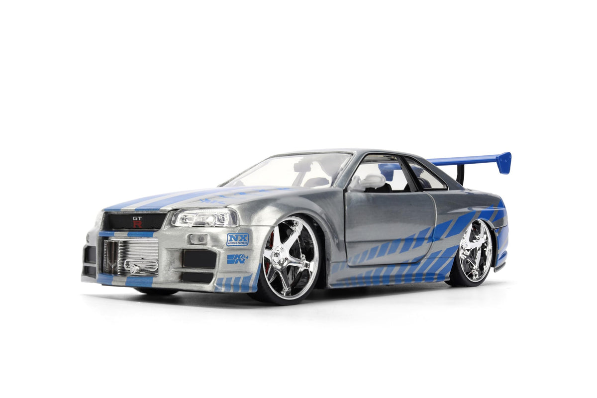 Jada Toys Fast & Furious 1:24 Scale Anniversary Edition 2002 Nissan Skyline GT-R (BNR34) Die-Cast Car with Brush Metal Finish – Collector Hobby Exclusive