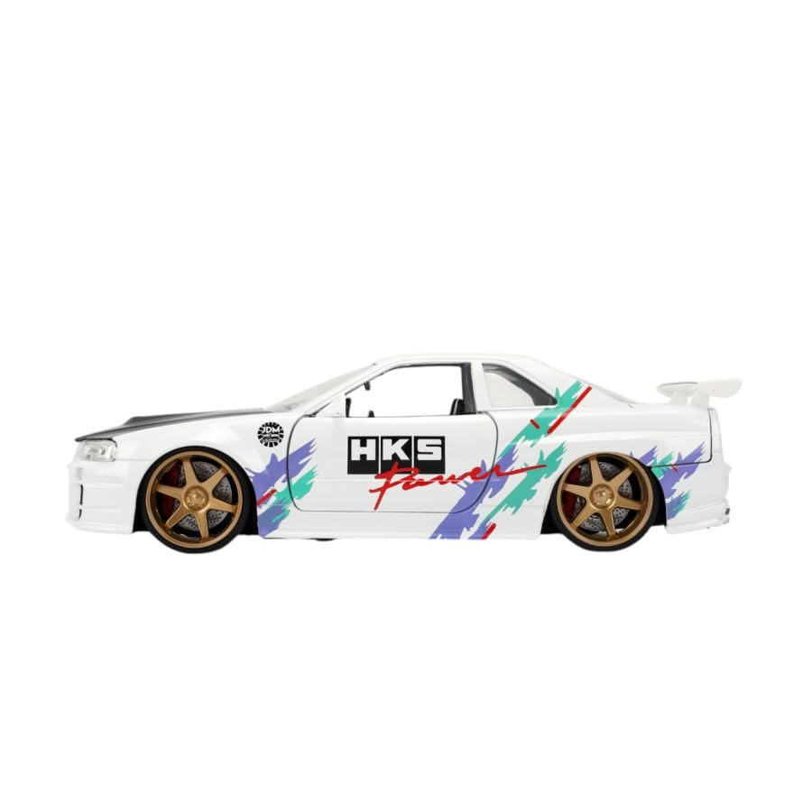 Jada Toys JDM Tuners 1:24 Die-Cast 2002 Nissan Skyline GT-R (R34), Opening Doors, Detailed Interior, Rubber Tires, Collectible for Ages 8+(Glossy White)