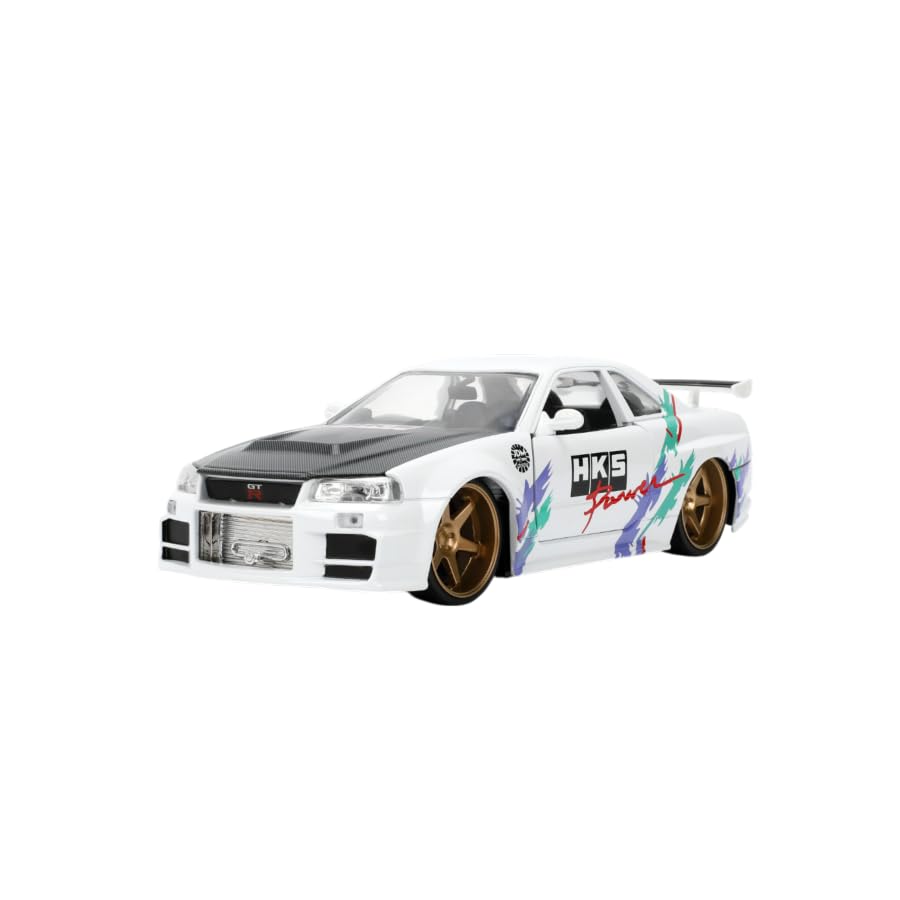 Jada Toys JDM Tuners 1:24 Die-Cast 2002 Nissan Skyline GT-R (R34), Opening Doors, Detailed Interior, Rubber Tires, Collectible for Ages 8+(Glossy White)