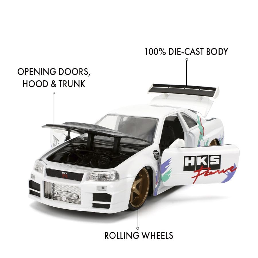 Jada Toys JDM Tuners 1:24 Die-Cast 2002 Nissan Skyline GT-R (R34), Opening Doors, Detailed Interior, Rubber Tires, Collectible for Ages 8+(Glossy White)