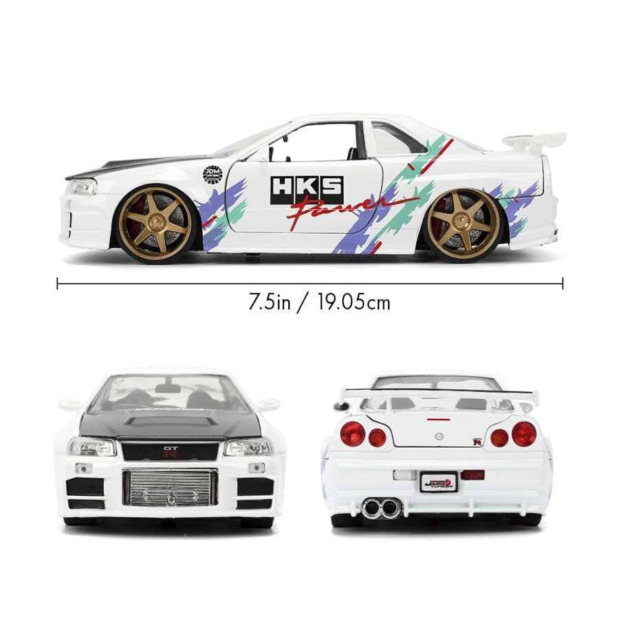 Jada Toys JDM Tuners 1:24 Die-Cast 2002 Nissan Skyline GT-R (R34), Opening Doors, Detailed Interior, Rubber Tires, Collectible for Ages 8+(Glossy White)