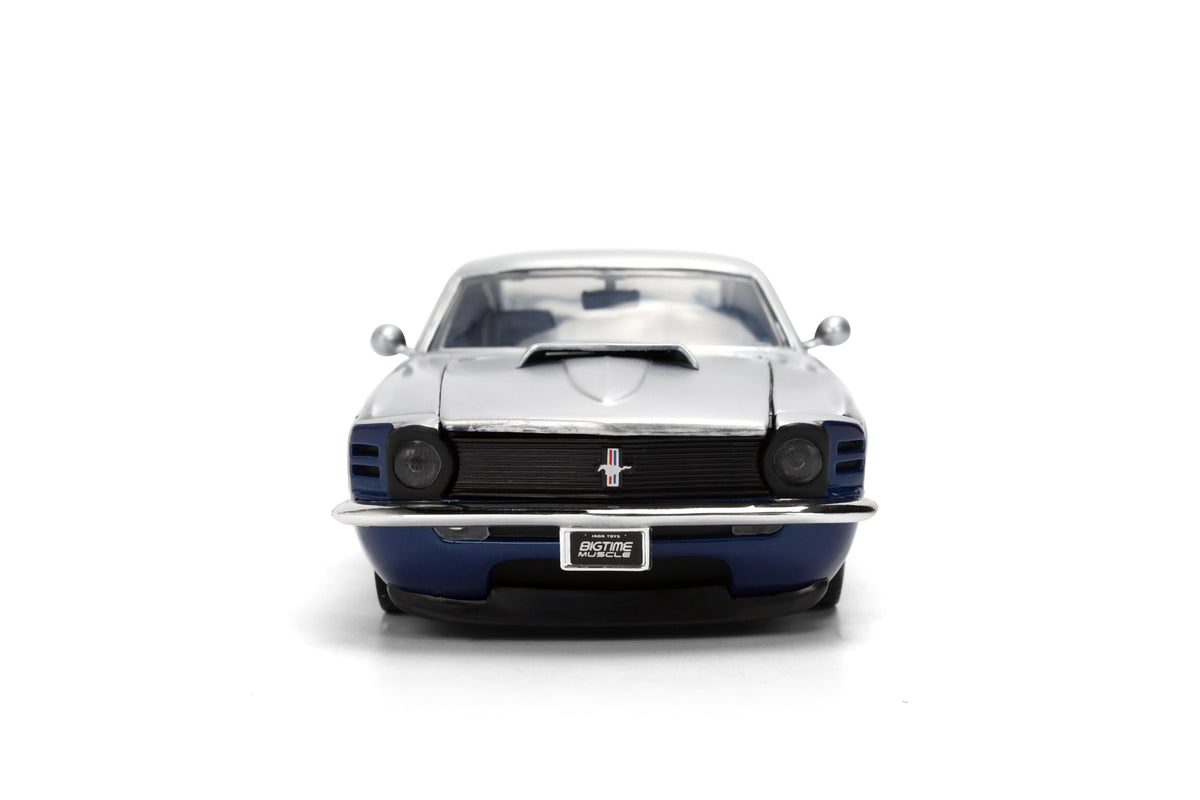 Jada Toys Bigtime Muscle 1:24 1970 Ford Mustang Boss 429 Die-cast Car – Opening Doors, Hood, Trunk, Rubber Tires(Silver/Blue)