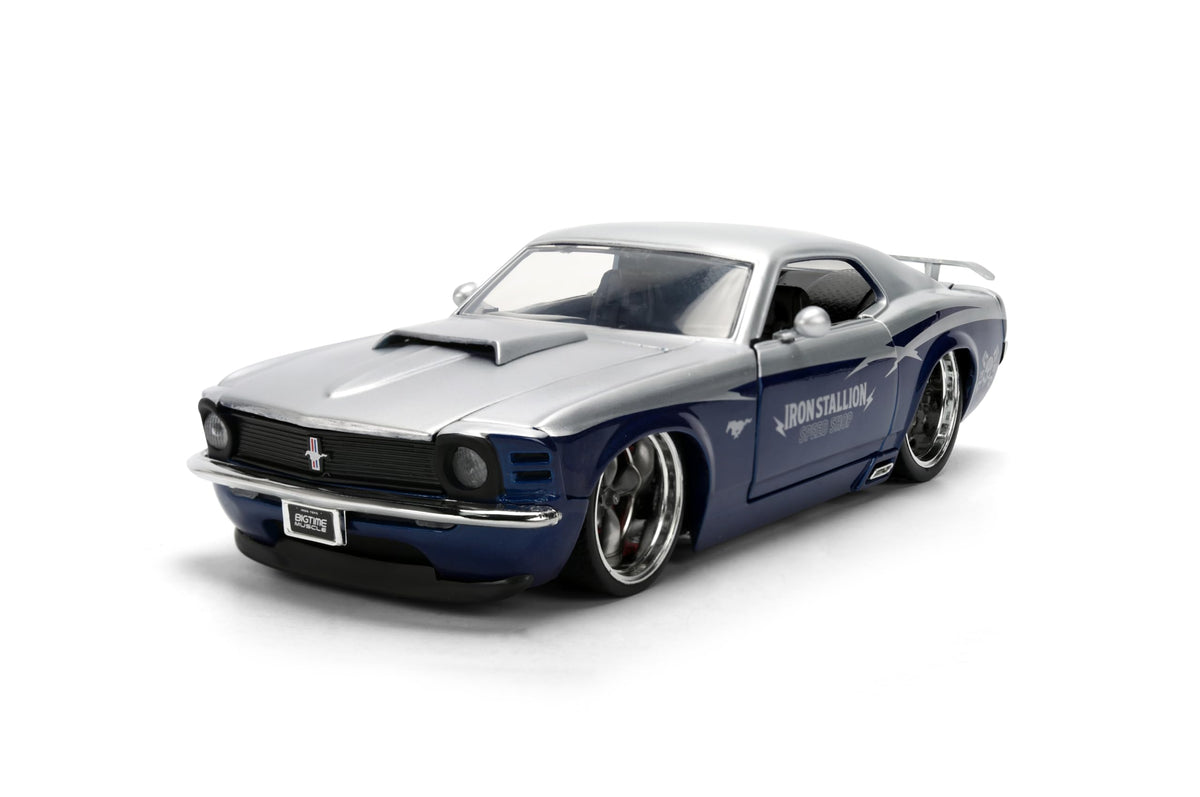 Jada Toys Bigtime Muscle 1:24 1970 Ford Mustang Boss 429 Die-cast Car – Opening Doors, Hood, Trunk, Rubber Tires(Silver/Blue)