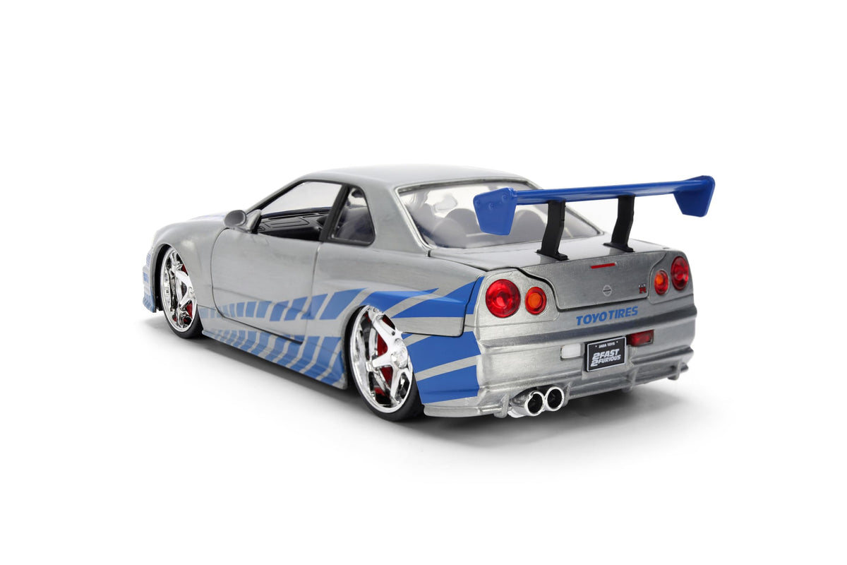 Jada Toys Fast & Furious 1:24 Scale Anniversary Edition 2002 Nissan Skyline GT-R (BNR34) Die-Cast Car with Brush Metal Finish – Collector Hobby Exclusive
