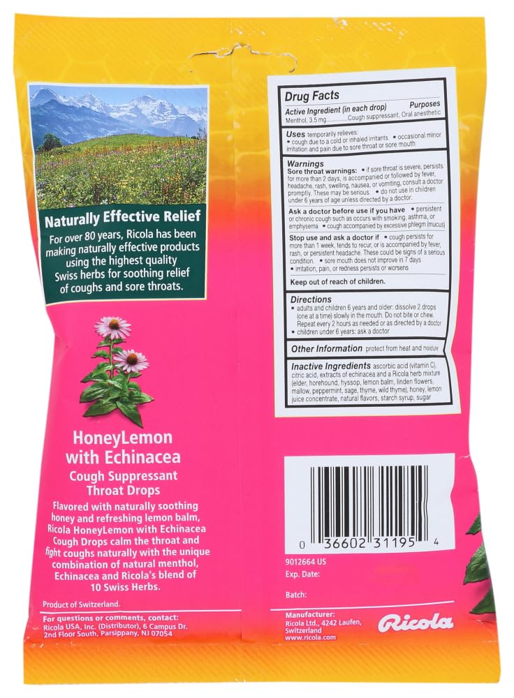 Ricola Cough Suppressant Throat Drops, Honey Lemon with Echinacea, 19 Drops (Pack of 6)