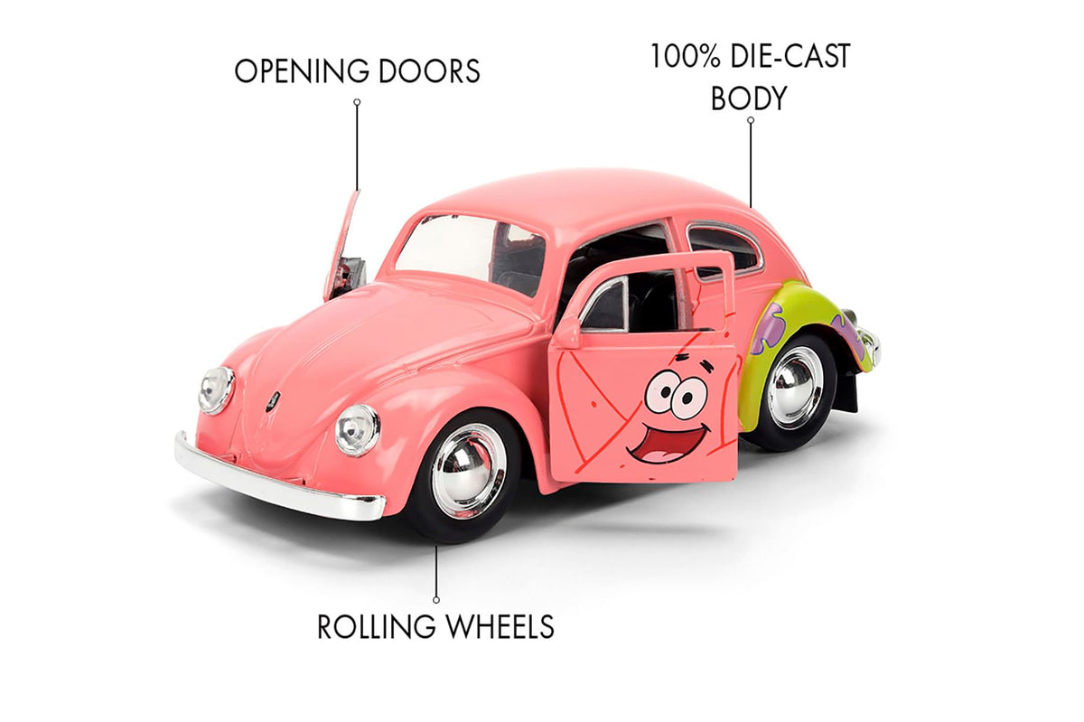 Jada Spongebob Squarepants Patrick Star 1959 VW Beetle - Die-Cast Vehicle Toys - 1:32 Scale, Detailed Exterior, Chrome Accents - Hollywood Rides Series - Ages 8+ - Pink/Green