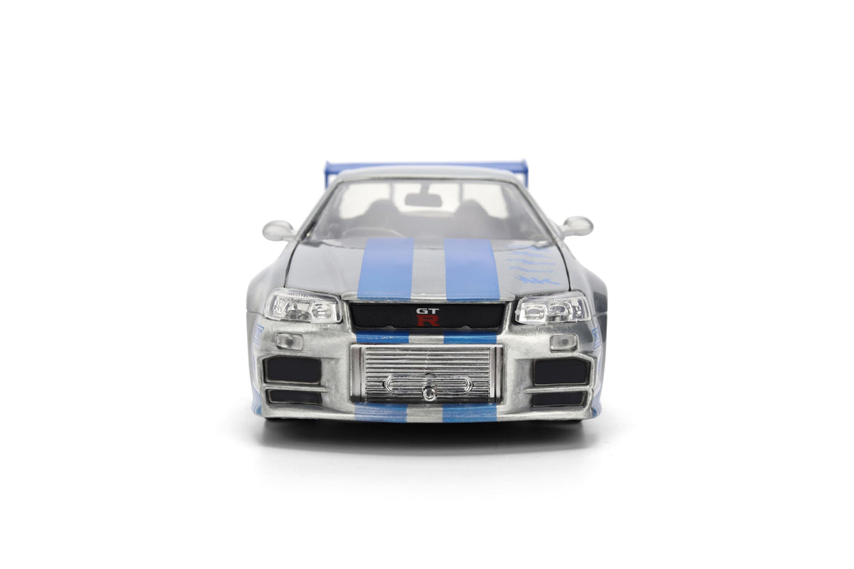 Jada Toys Fast & Furious 1:24 Scale Anniversary Edition 2002 Nissan Skyline GT-R (BNR34) Die-Cast Car with Brush Metal Finish – Collector Hobby Exclusive