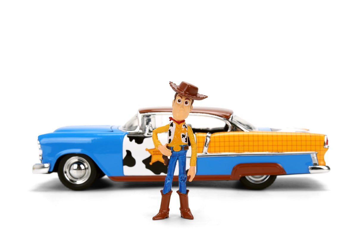 Jada Toy Story Woody 1955 Chevrolet Bel Air Die-Cast Car with Figure 1:24 Scale – Hollywood Rides Collectible Toys
