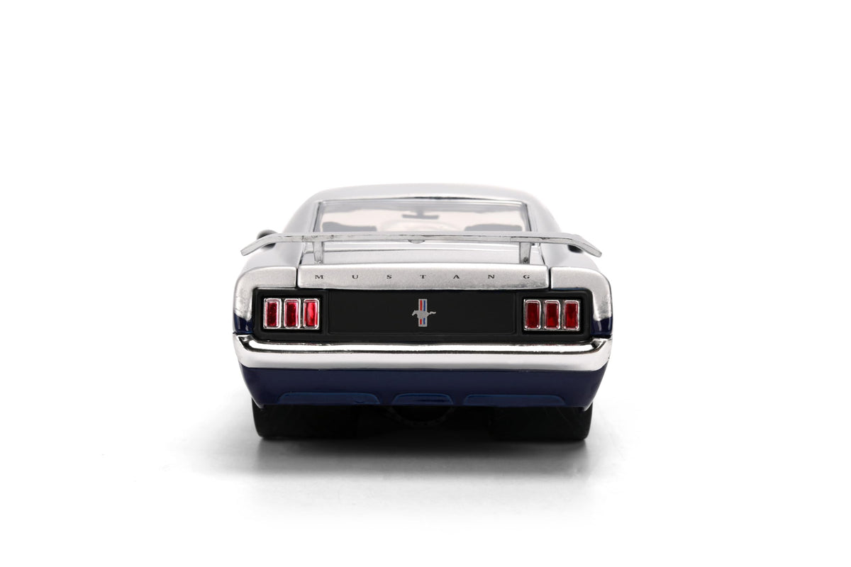 Jada Toys Bigtime Muscle 1:24 1970 Ford Mustang Boss 429 Die-cast Car – Opening Doors, Hood, Trunk, Rubber Tires(Silver/Blue)