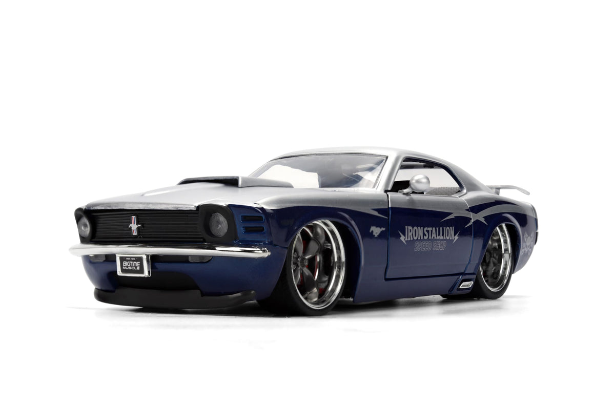 Jada Toys Bigtime Muscle 1:24 1970 Ford Mustang Boss 429 Die-cast Car – Opening Doors, Hood, Trunk, Rubber Tires(Silver/Blue)