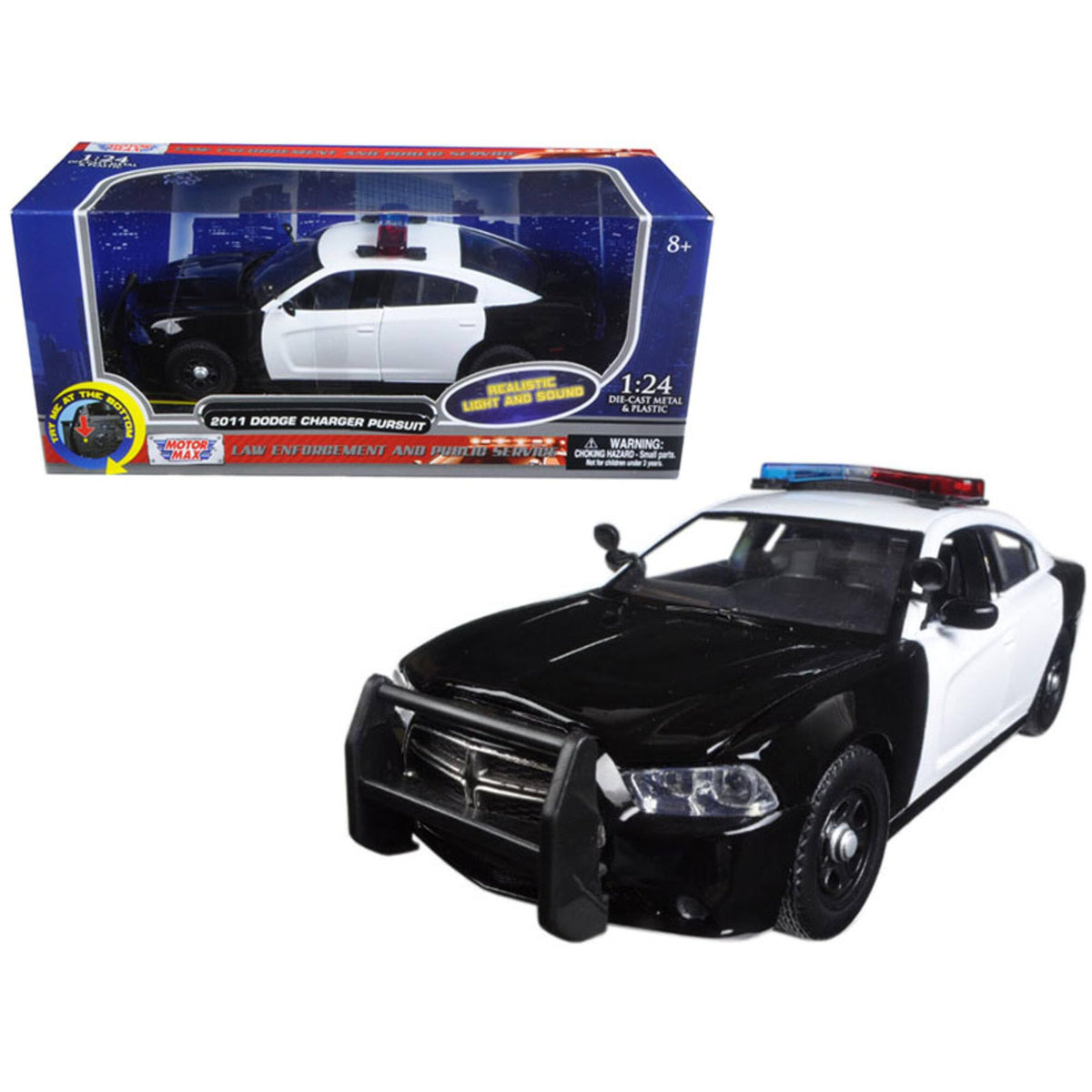 Motormax 2011 Dodge Charger Pursuit Police Car Black and White with Flashing Light Bar and Front and Rear Lights and 2 Sounds 1/24 Diecast Model Car