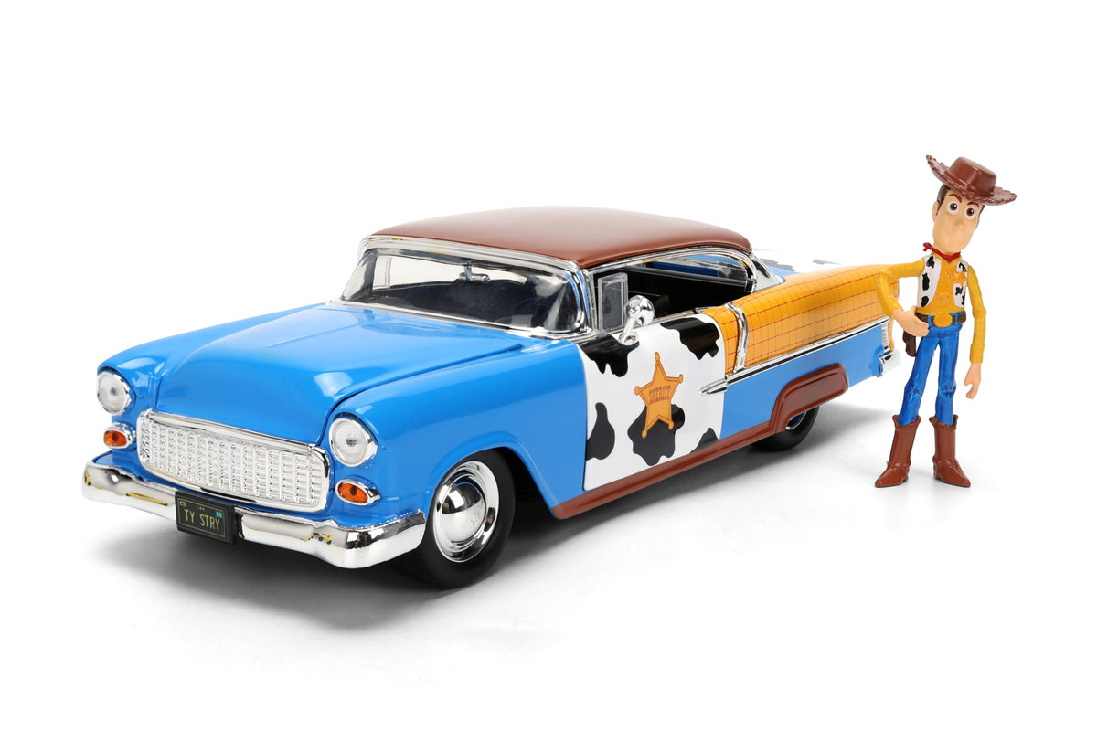 Jada Toy Story Woody 1955 Chevrolet Bel Air Die-Cast Car with Figure 1:24 Scale – Hollywood Rides Collectible Toys