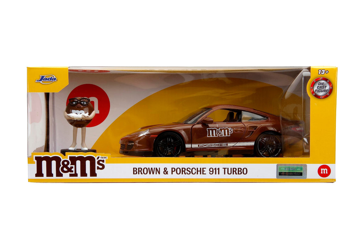 Jada M&M's 1:24 Porsche 911 Turbo Die-Cast Car & 2.75" Brown Figure, Toys for Kids and Adults