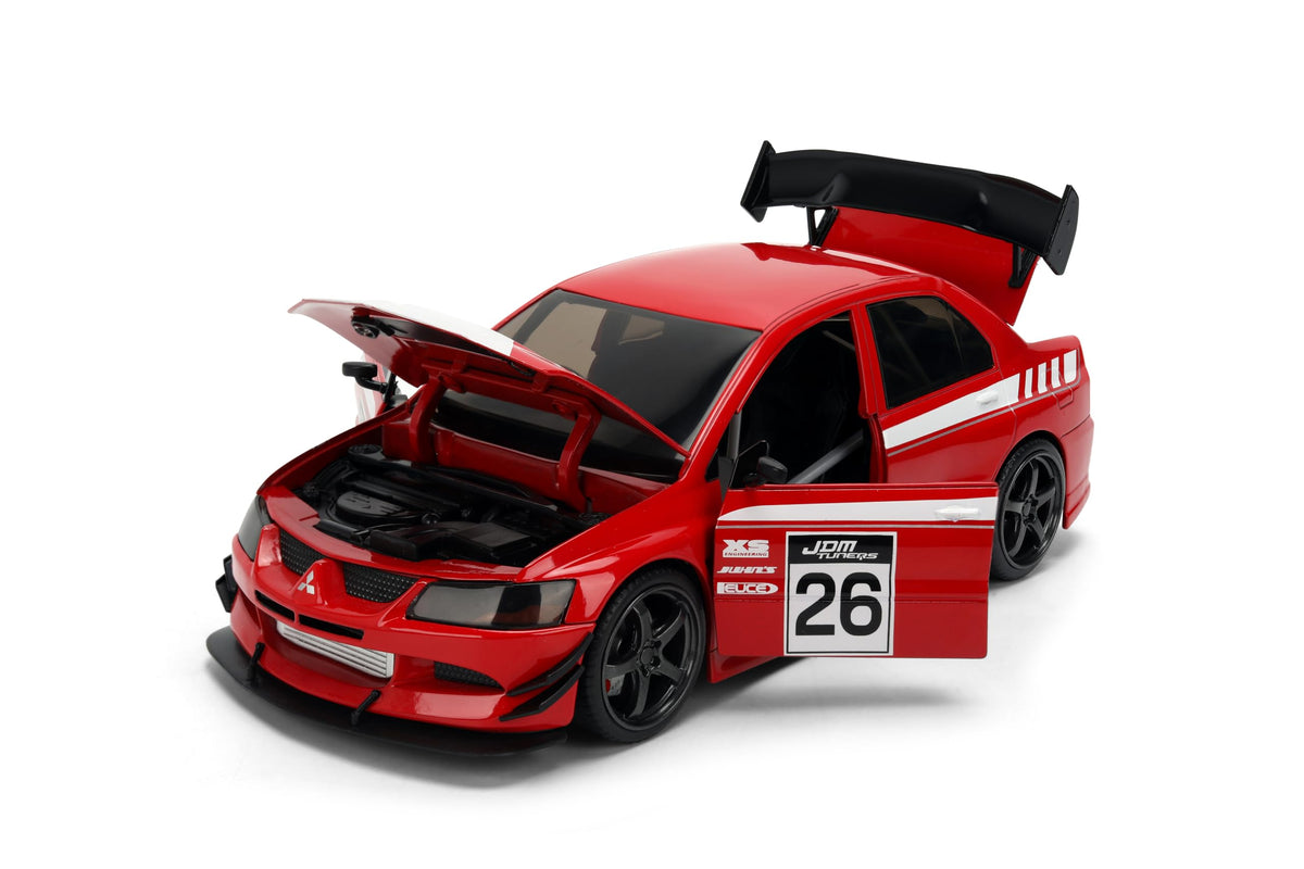 Jada Toys JDM Tuners 1:24 Scale Die-Cast Mitsubishi Lancer Evolution IX – Opening Doors, Detailed Interior, Rubber Tires, Collectible for Ages 8+(Red)