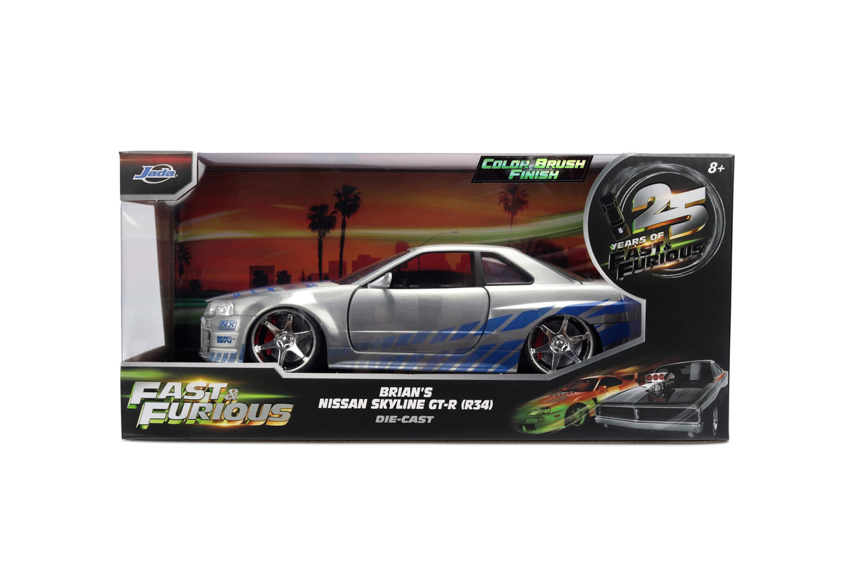 Jada Toys Fast & Furious 1:24 Scale Anniversary Edition 2002 Nissan Skyline GT-R (BNR34) Die-Cast Car with Brush Metal Finish – Collector Hobby Exclusive