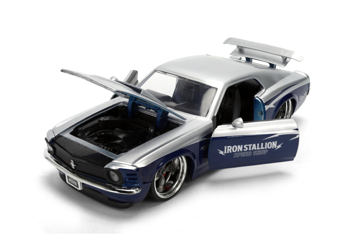 Jada Toys Bigtime Muscle 1:24 1970 Ford Mustang Boss 429 Die-cast Car – Opening Doors, Hood, Trunk, Rubber Tires(Silver/Blue)