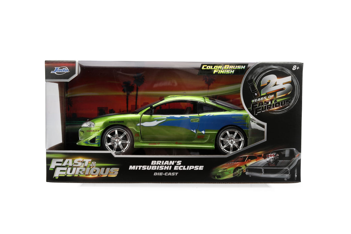 Jada Toys Fast & Furious 1:24 Scale Anniversary Edition 1995 Mitsubishi Eclipse Die-Cast Car with Brush Metal Finish – Collector Display Model