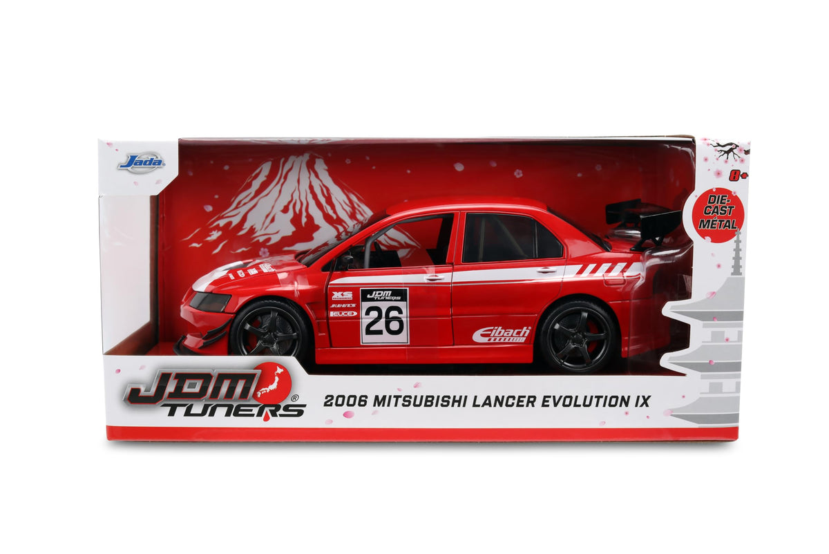 Jada Toys JDM Tuners 1:24 Scale Die-Cast Mitsubishi Lancer Evolution IX – Opening Doors, Detailed Interior, Rubber Tires, Collectible for Ages 8+(Red)