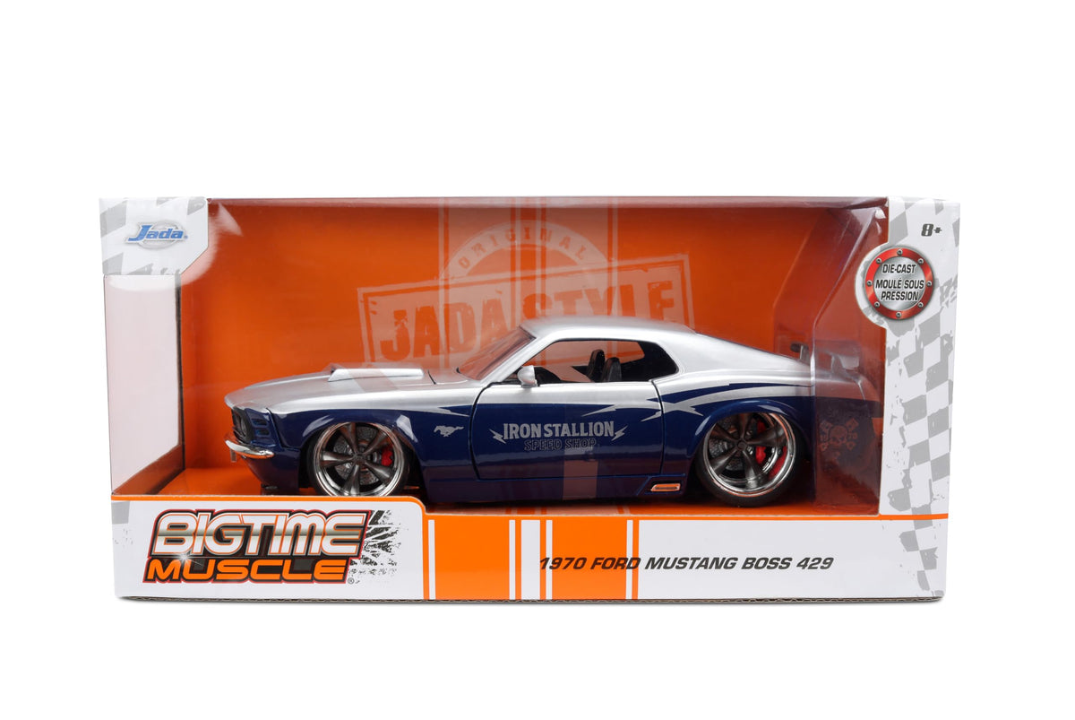 Jada Toys Bigtime Muscle 1:24 1970 Ford Mustang Boss 429 Die-cast Car – Opening Doors, Hood, Trunk, Rubber Tires(Silver/Blue)