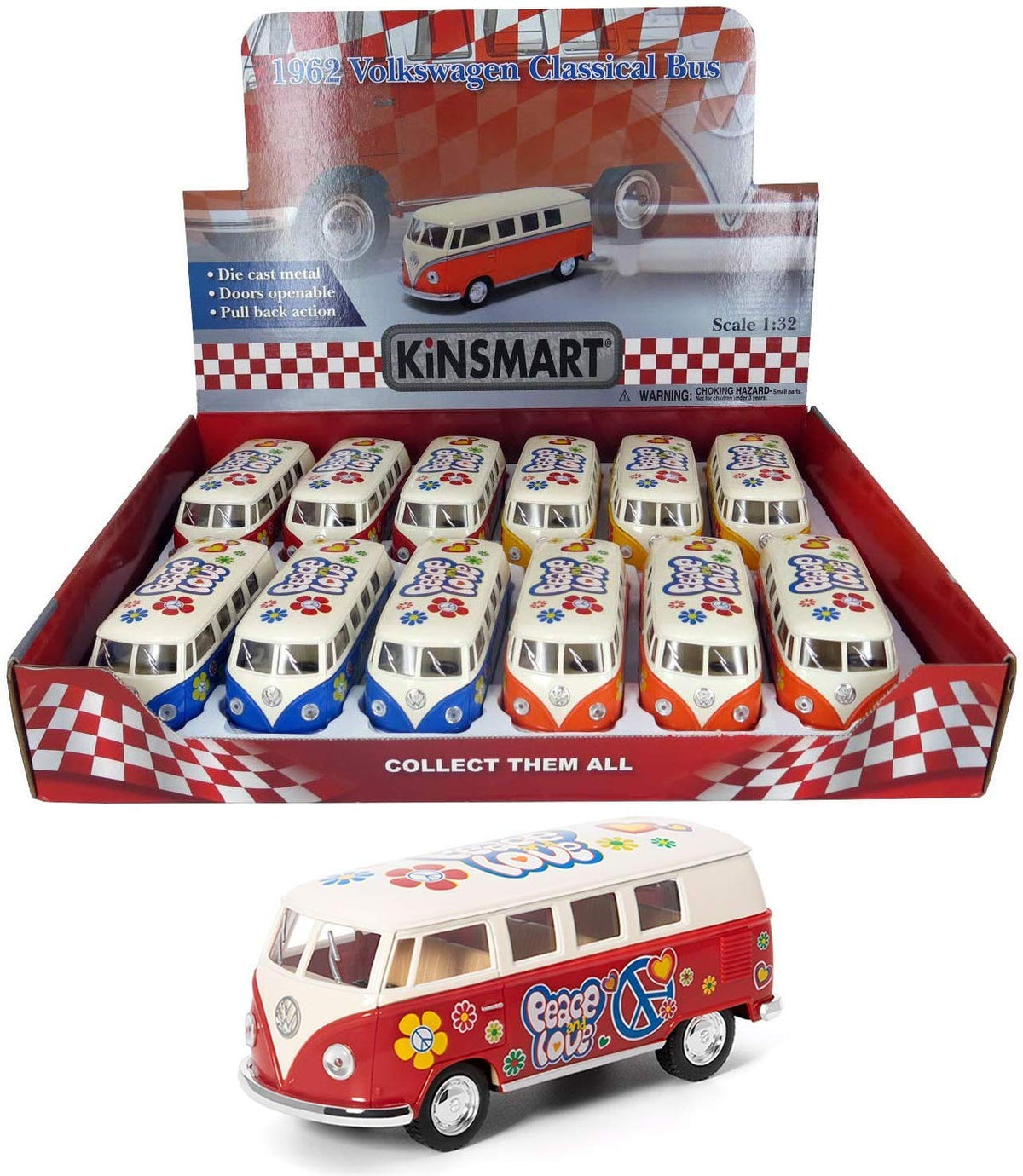 Set of 4: 5" Classic 1962 Volkswagen Van with Decal 1:32 Scale (Green/Maroon/Red/Yellow)
