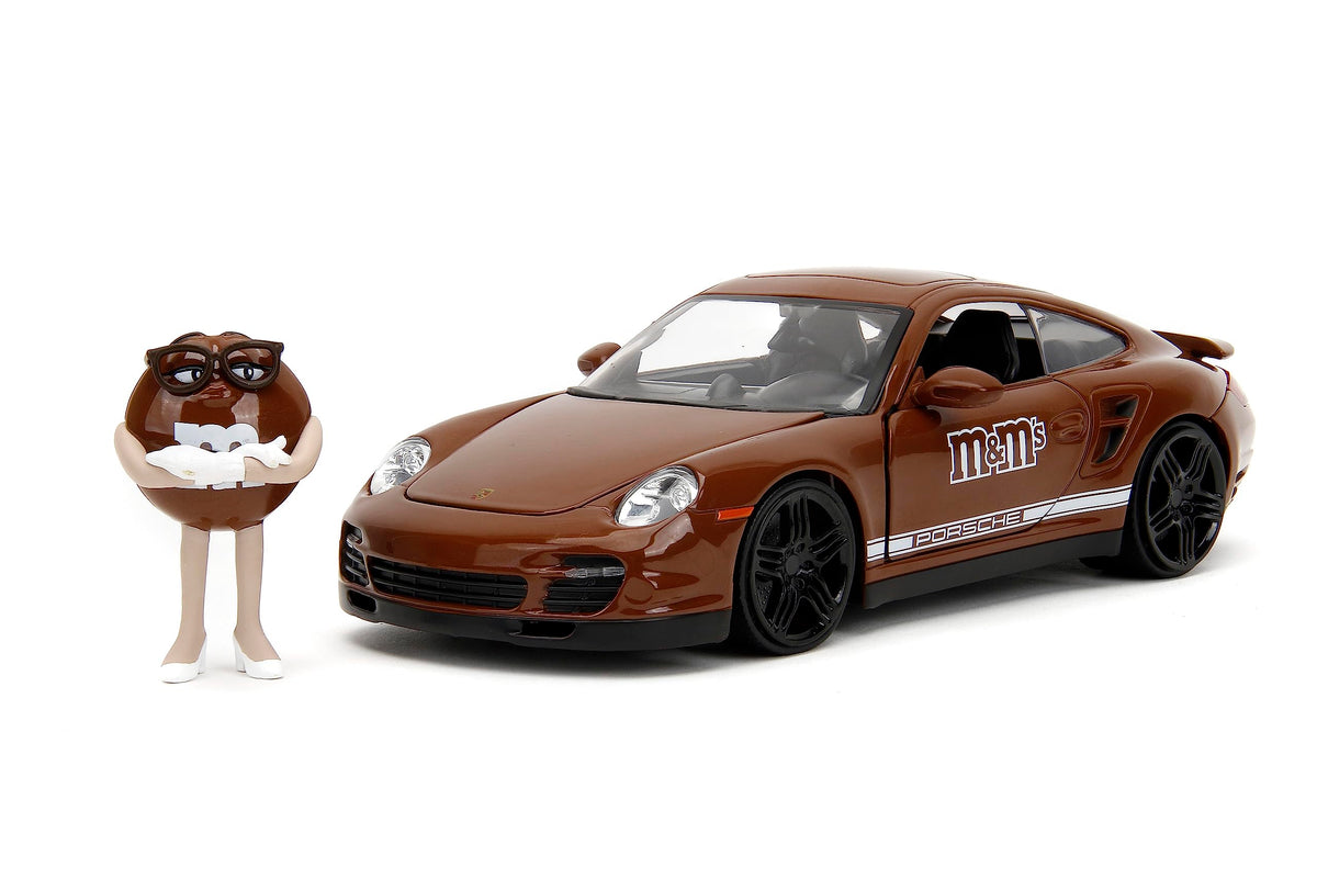 Jada M&M's 1:24 Porsche 911 Turbo Die-Cast Car & 2.75" Brown Figure, Toys for Kids and Adults