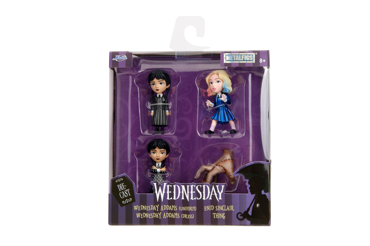 Jada Wednesday 2.5" Metalfigs 4-Pack – Durable Die-Cast Collectible Figurines – Includes Wednesday, Enid, Thing, Morticia – Ages 8+ – Vibrant Color Details, for Collectors & Fans