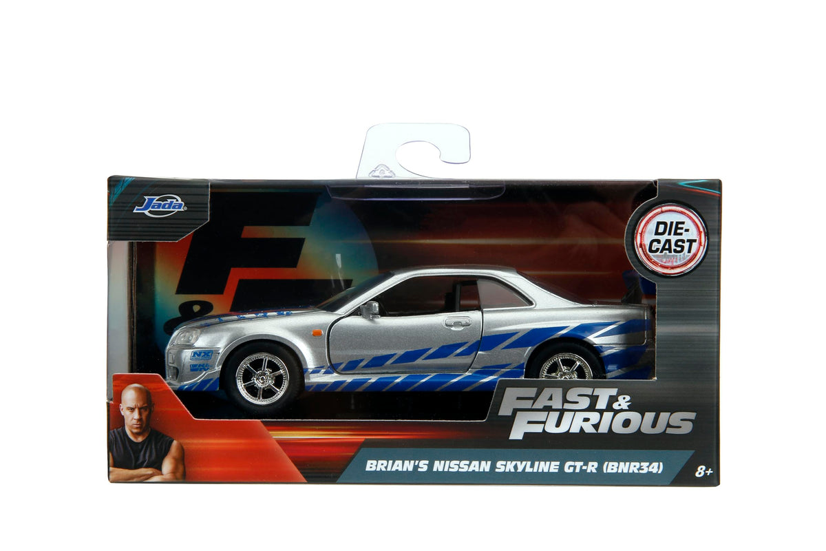 Jada Toys Fast & Furious 1:32 Brian's Nissan Skyline GT-R R34 Die-cast Car Silver/Blue, Toys for Kids and Adults