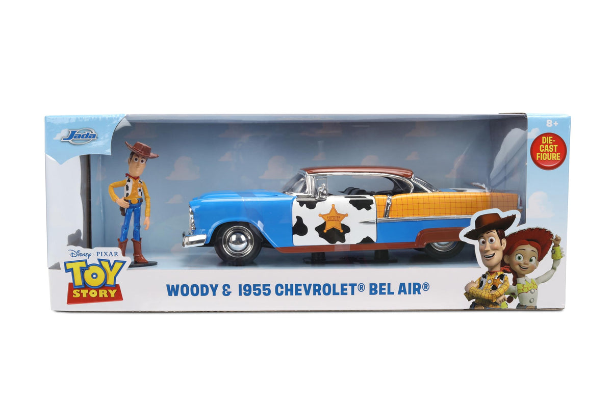 Jada Toy Story Woody 1955 Chevrolet Bel Air Die-Cast Car with Figure 1:24 Scale – Hollywood Rides Collectible Toys