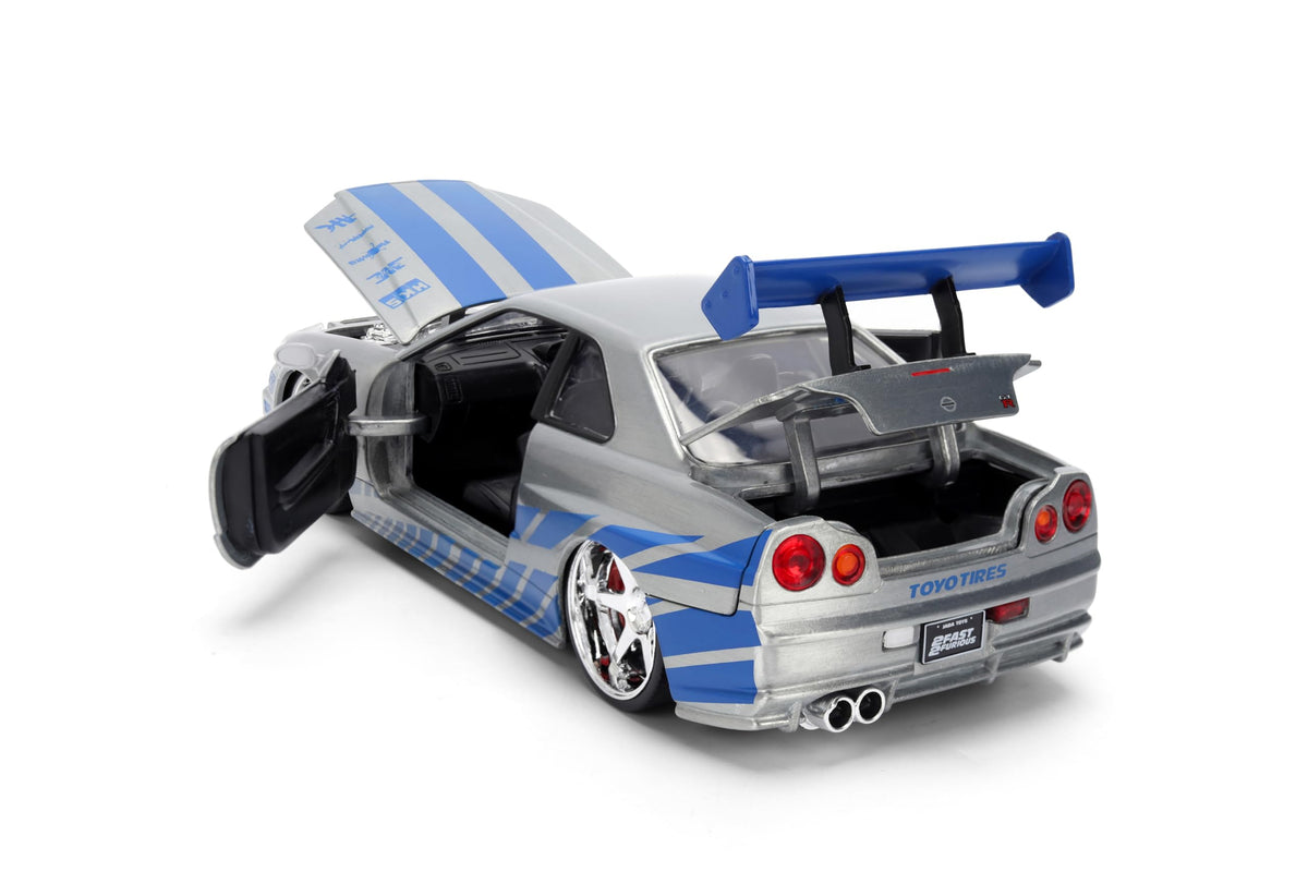 Jada Toys Fast & Furious 1:24 Scale Anniversary Edition 2002 Nissan Skyline GT-R (BNR34) Die-Cast Car with Brush Metal Finish – Collector Hobby Exclusive