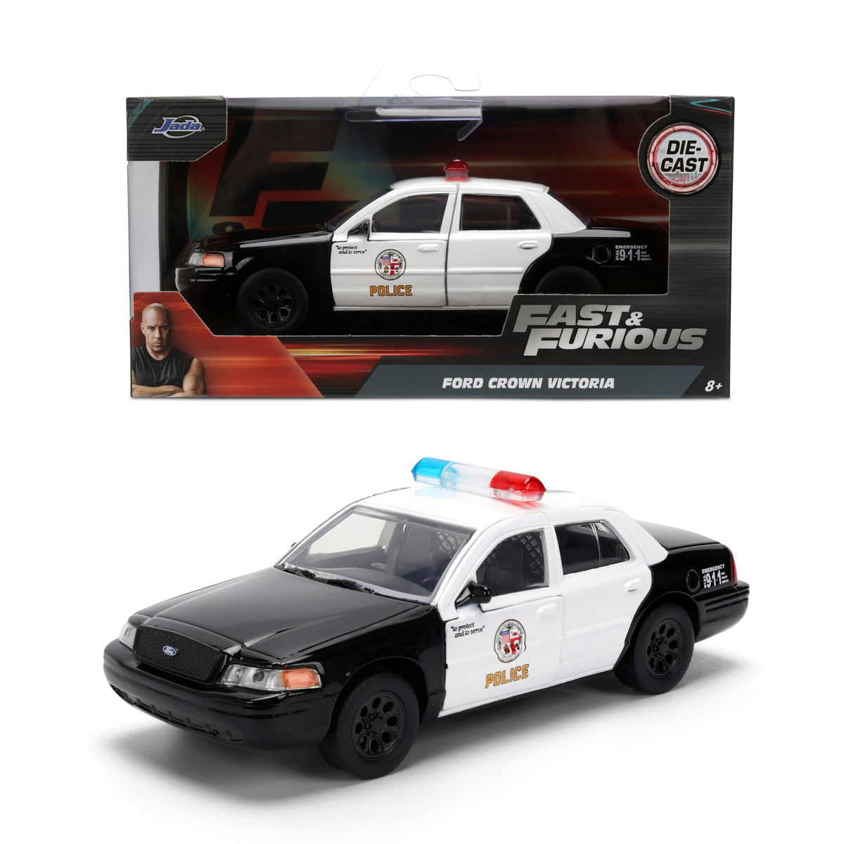 Jada Fast & Furious Ford Crown Victoria Diecast Car Toys – 1:32 Scale Police Vehicle with Opening Doors – Movie Replica for Fans and Collectors