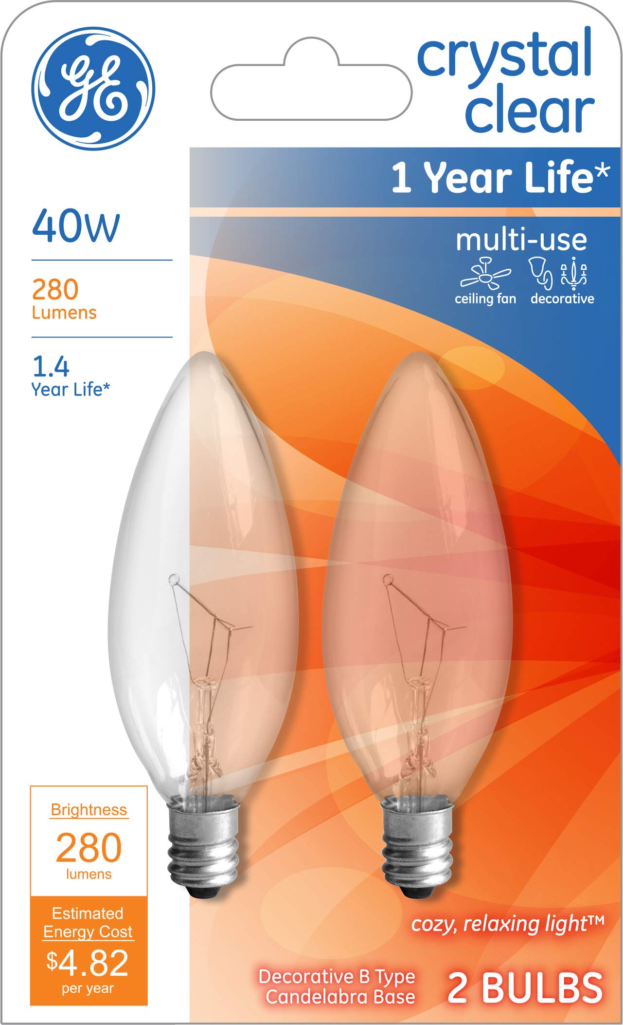 GE Crystal Clear Blunt Tip Decorative Light Bulbs (40 Watt), 280 Lumen, Candelabra Light Bulb Base, 2-Pack Chandelier Light Bulbs – Home Improvement