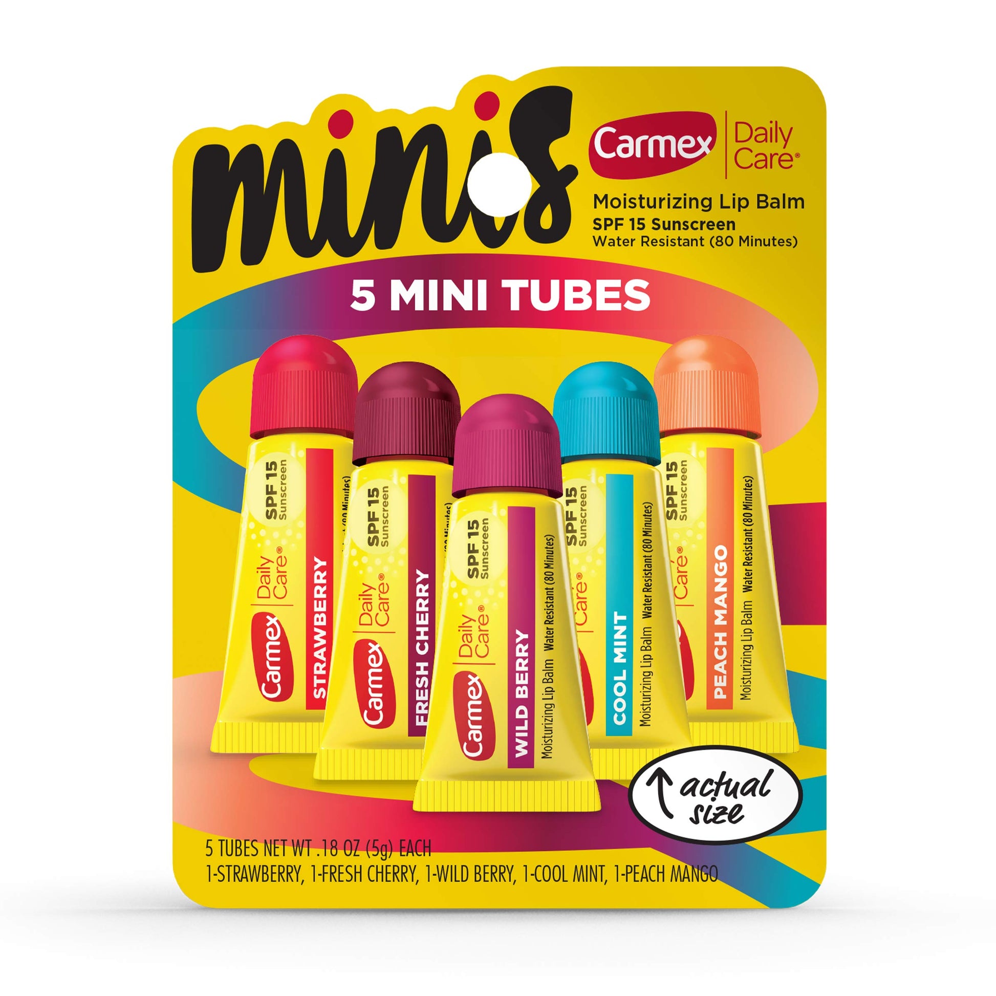 Carmex Daily Care Minis Moisturizing Lip Balm Tubes with SPF 15, Strawberry, Cool Mint, Wild Berry, Peach Mango and Fresh Cherry Lip Balm Pack - 0.18 OZ Each, 5 Count – Beauty