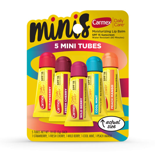Carmex Daily Care Minis Moisturizing Lip Balm Tubes with SPF 15, Strawberry, Cool Mint, Wild Berry, Peach Mango and Fresh Cherry Lip Balm Pack - 0.18 OZ Each, 5 Count – Beauty