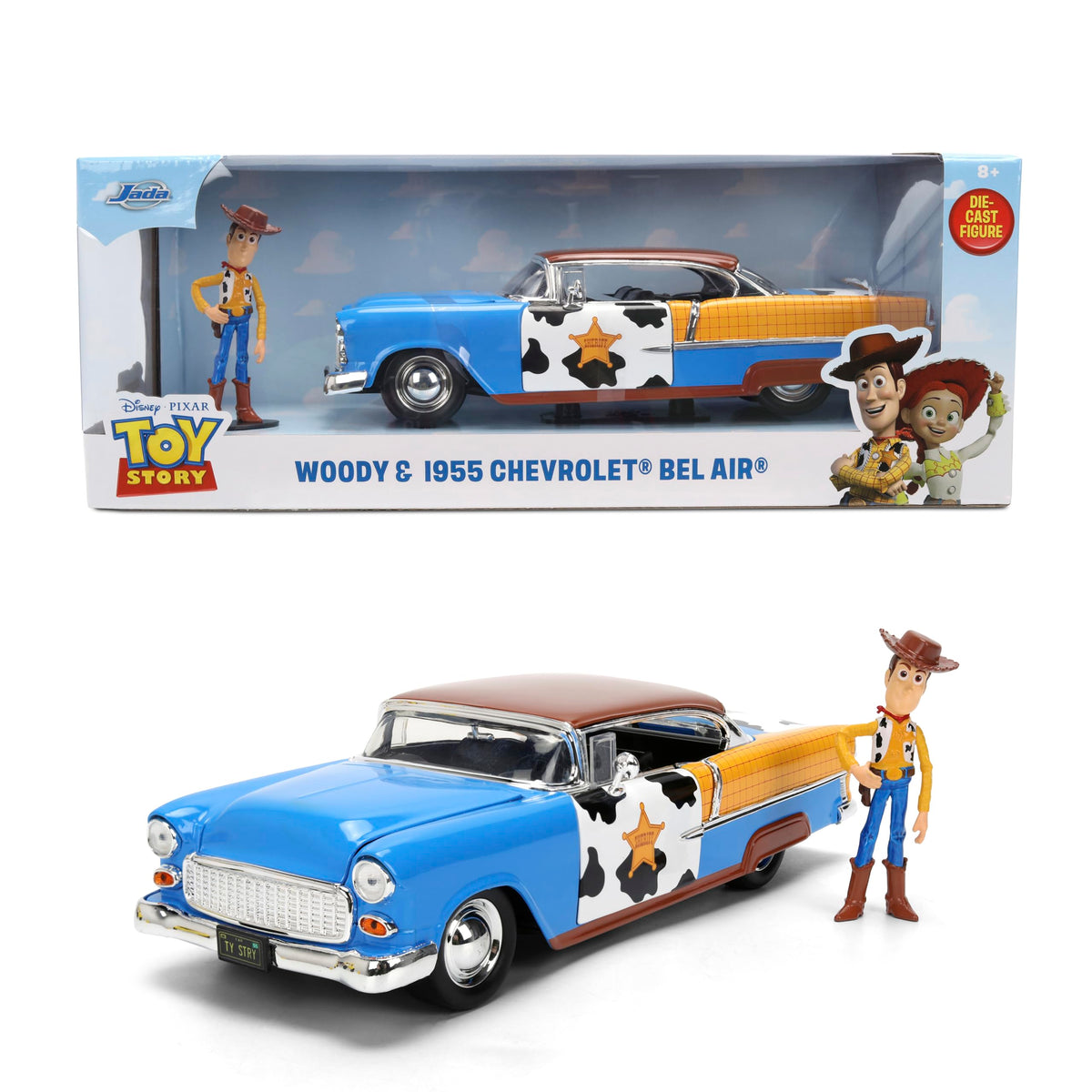 Jada Toy Story Woody 1955 Chevrolet Bel Air Die-Cast Car with Figure 1:24 Scale – Hollywood Rides Collectible Toys