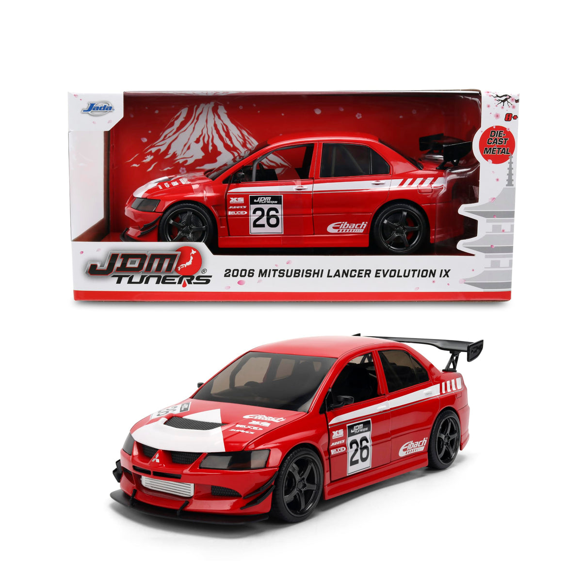 Jada Toys JDM Tuners 1:24 Scale Die-Cast Mitsubishi Lancer Evolution IX – Opening Doors, Detailed Interior, Rubber Tires, Collectible for Ages 8+(Red)