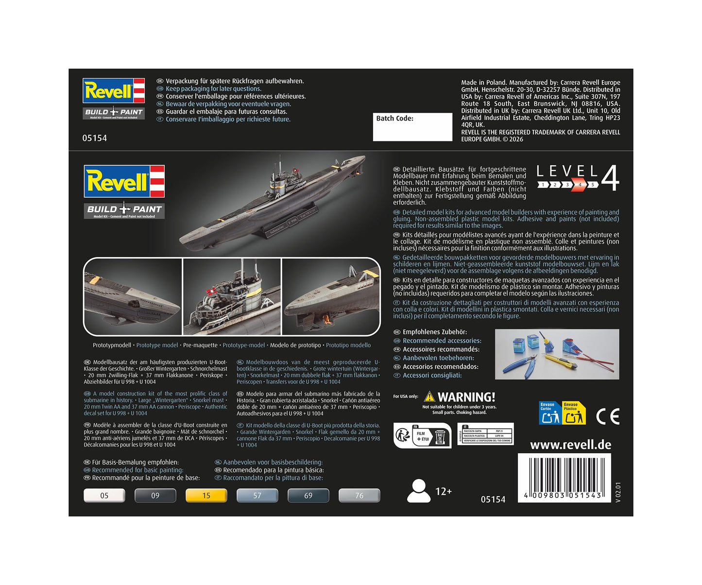 Revell RV05154 05154 5154 German Submarine Type VII C/41 1: 350 Plastic Model Kit, Various