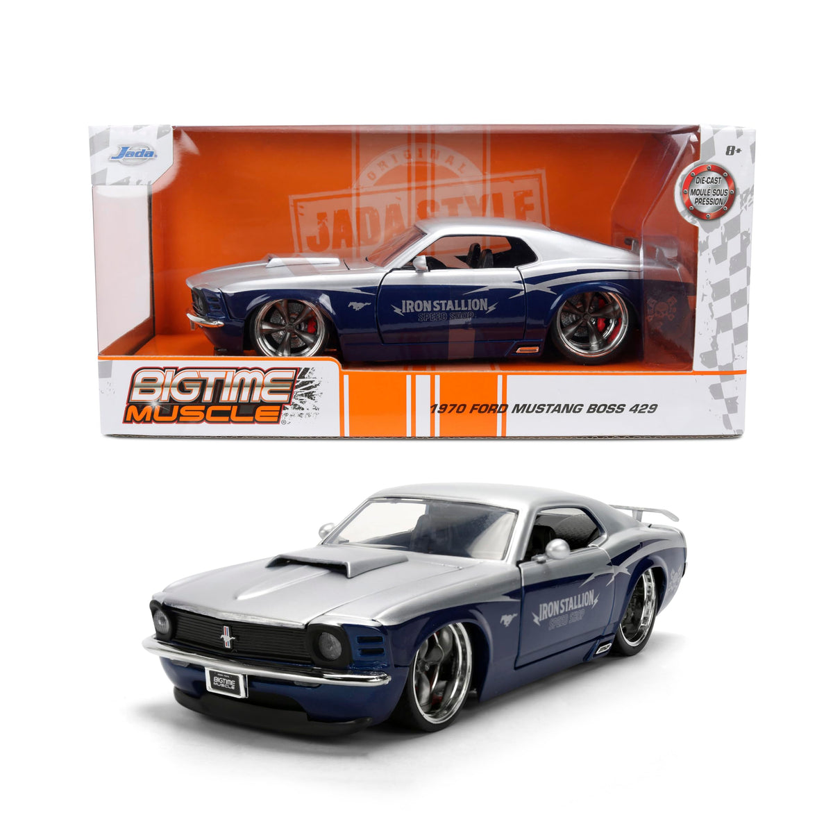 Jada Toys Bigtime Muscle 1:24 1970 Ford Mustang Boss 429 Die-cast Car – Opening Doors, Hood, Trunk, Rubber Tires(Silver/Blue)