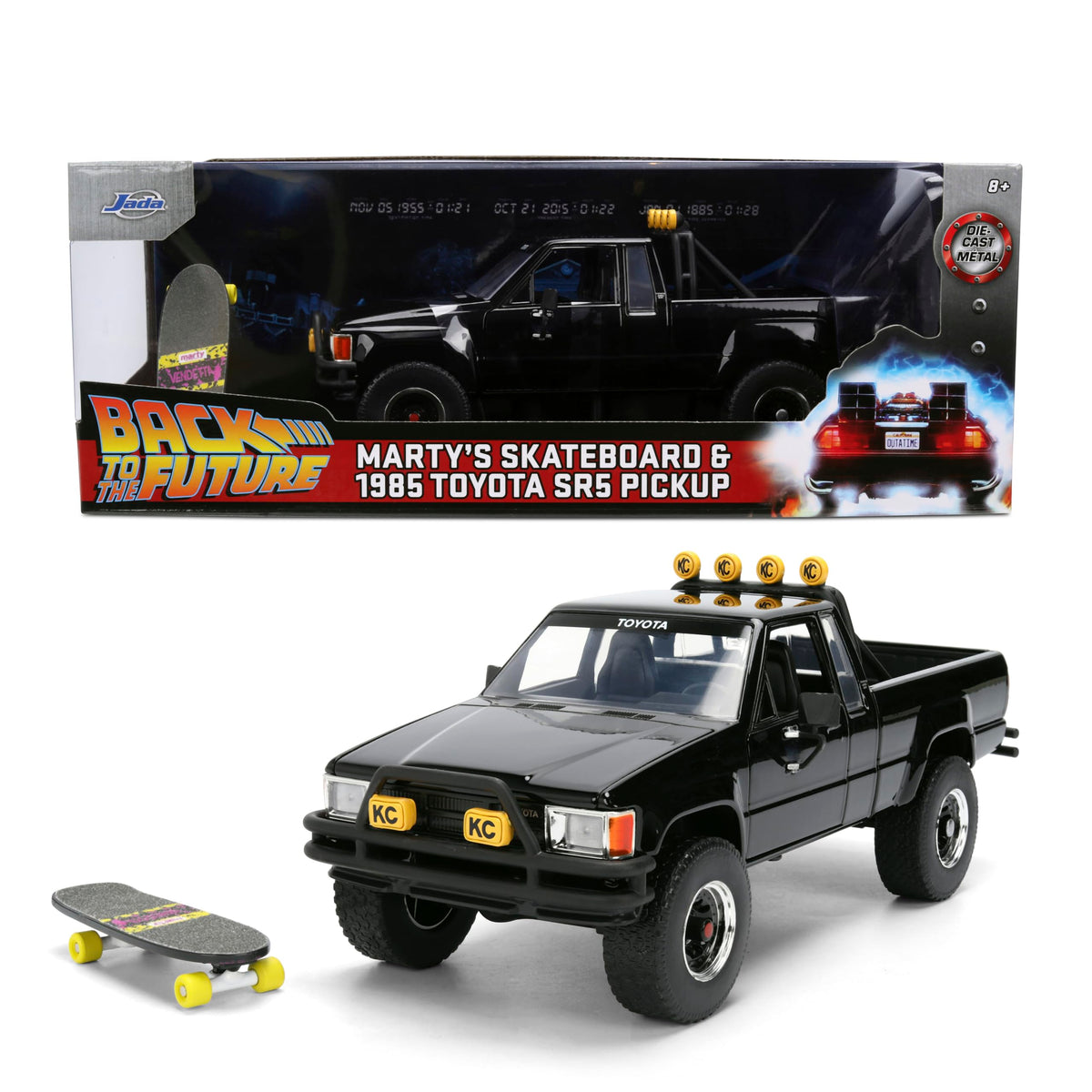 Back to the Future 1985 Toyota SR5 Pickup Truck with Skateboard - 1:24 Hollywood Rides Diecast Model with Opening Doors and Hood - Black - for Collectors and Enthusiasts 8+