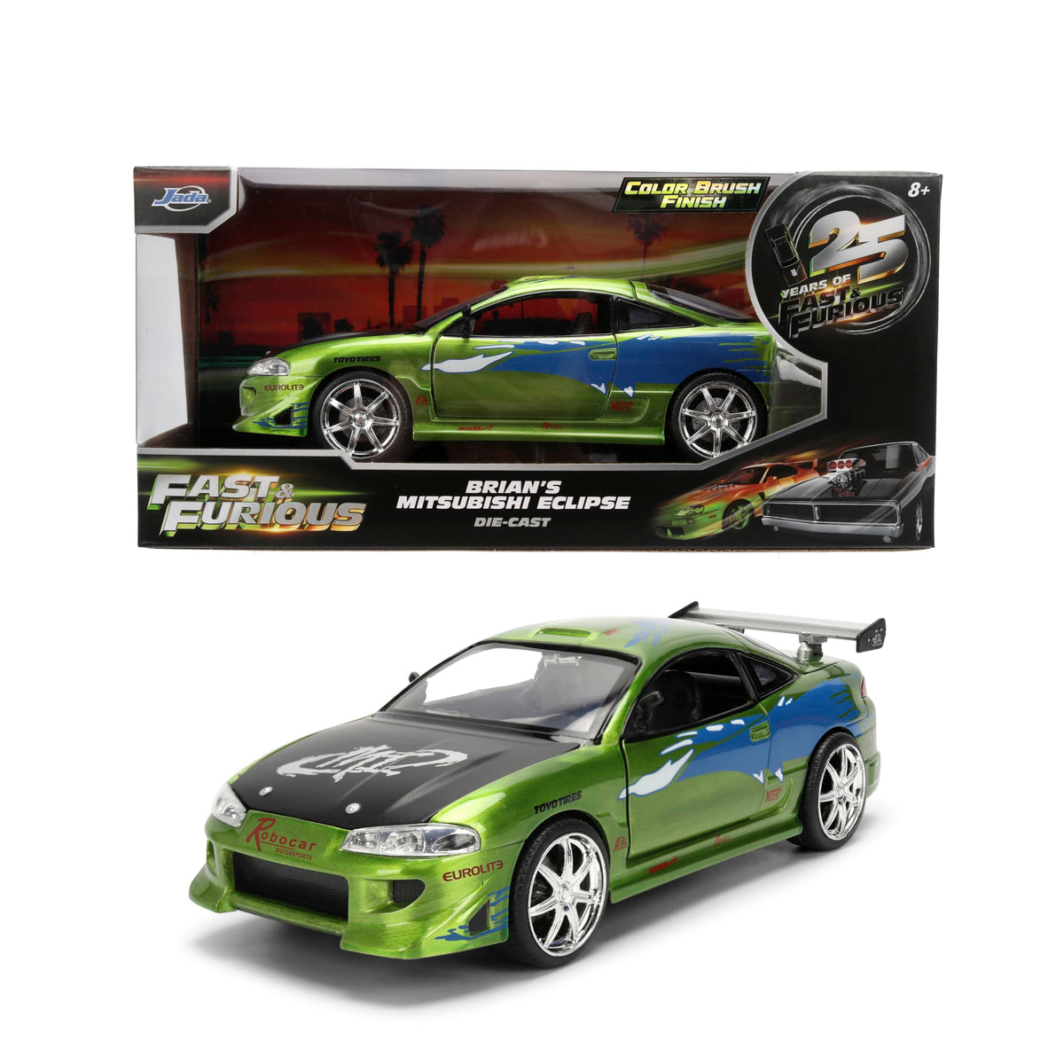Jada Toys Fast & Furious 1:24 Scale Anniversary Edition 1995 Mitsubishi Eclipse Die-Cast Car with Brush Metal Finish – Collector Display Model