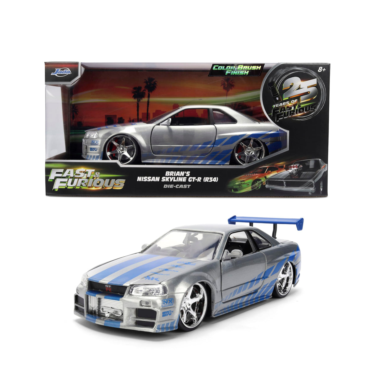 Jada Toys Fast & Furious 1:24 Scale Anniversary Edition 2002 Nissan Skyline GT-R (BNR34) Die-Cast Car with Brush Metal Finish – Collector Hobby Exclusive
